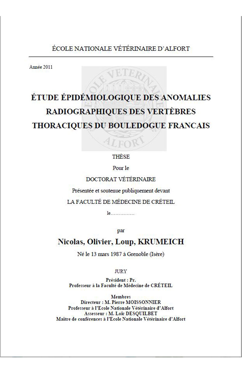 KRUMEICH (Nicolas), Étude épidémiologique des anomalies radiographiques des vertèbres thoraciques du bouledogue français, Thèse 2011